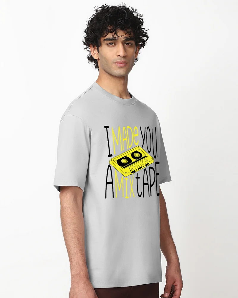 bewakoof Men's Vapour Blue Mix Tape Graphic Printed Oversized T-shirt